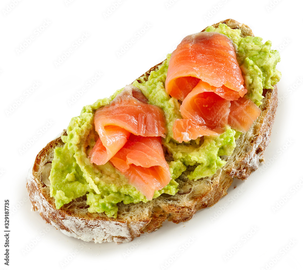 slice of bread with avocado and salmon