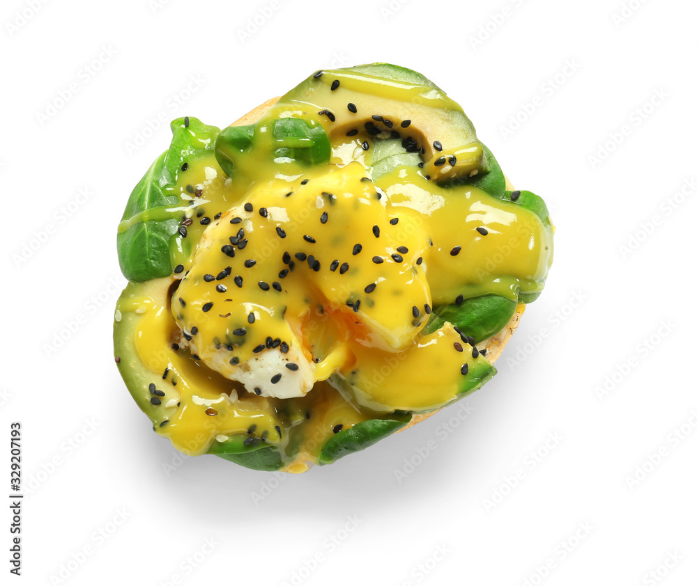 Tasty egg Benedict on white background