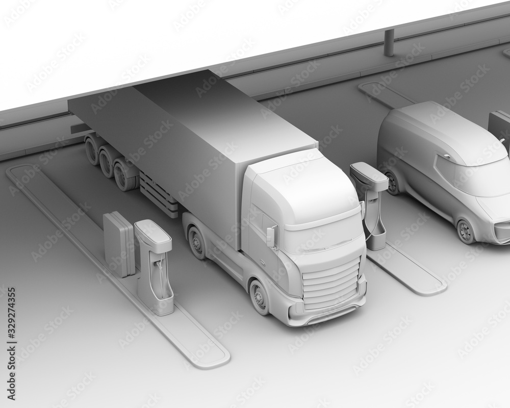 Clay rendering of Heavy Electric Truck charging at Public Charging Station. 3D rendering image.