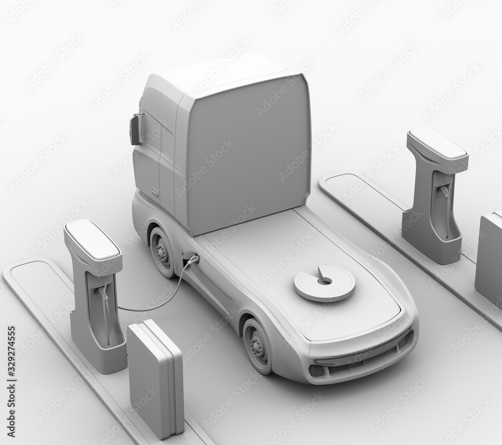 Clay rendering of generic design blue Heavy Electric Truck charging at Public Charging Station. 3D r