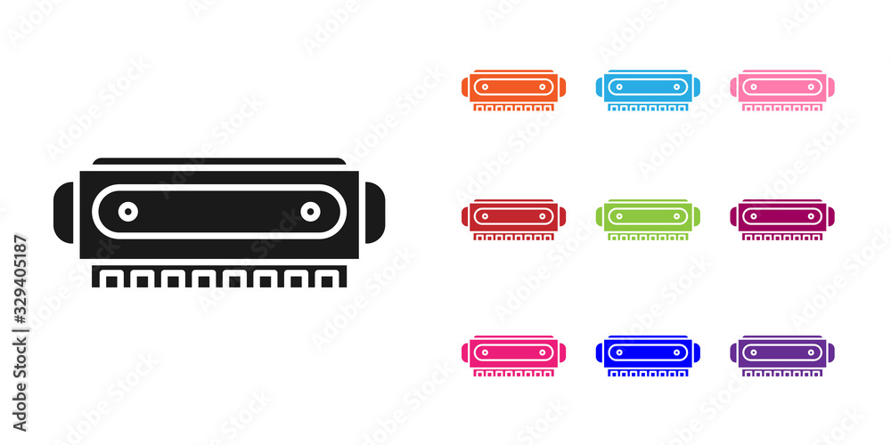 白色背景上隔离的黑色口琴图标。乐器。设置彩色图标。矢量Il
