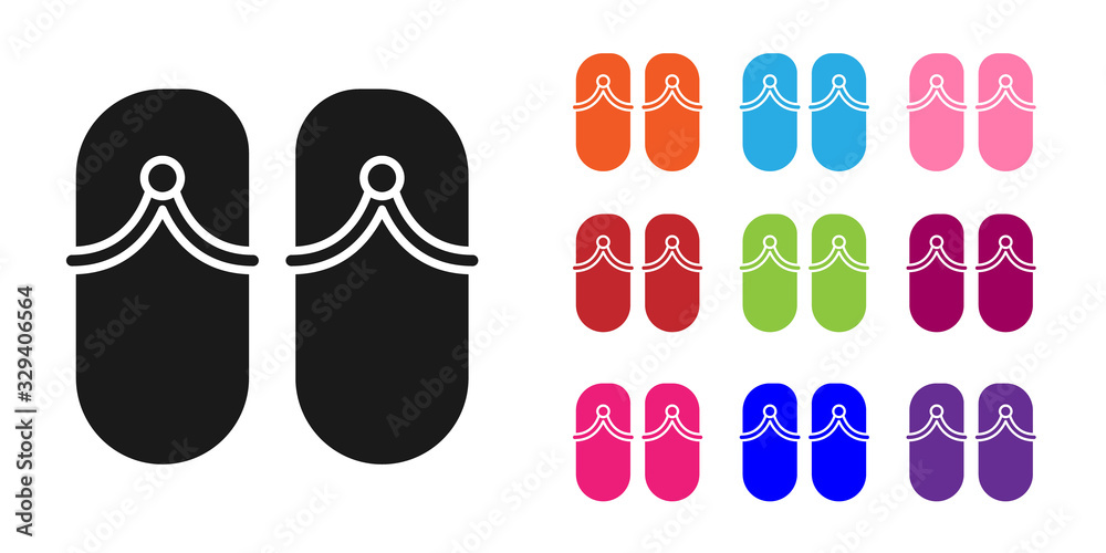 Black Flip flops icon isolated on white background. Beach slippers sign. Set icons colorful. Vector 