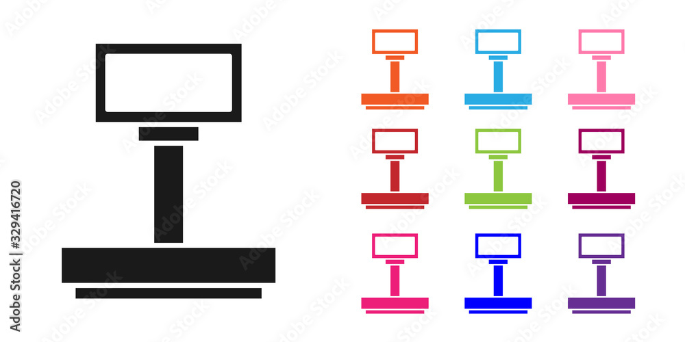白色背景上隔离的黑色体重秤图标。物流和配送。配送包裹重量