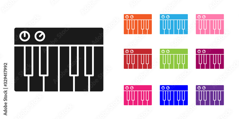 白色背景上隔离的黑色音乐合成器图标。电子钢琴。设置彩色图标。Vec