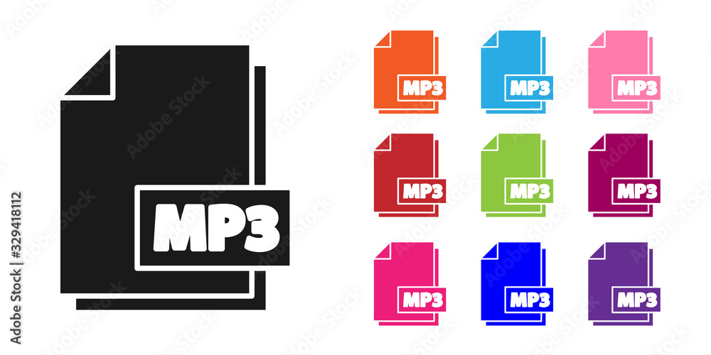 黑色MP3文件文档。下载隔离在白色背景上的MP3按钮图标。MP3音乐格式sig