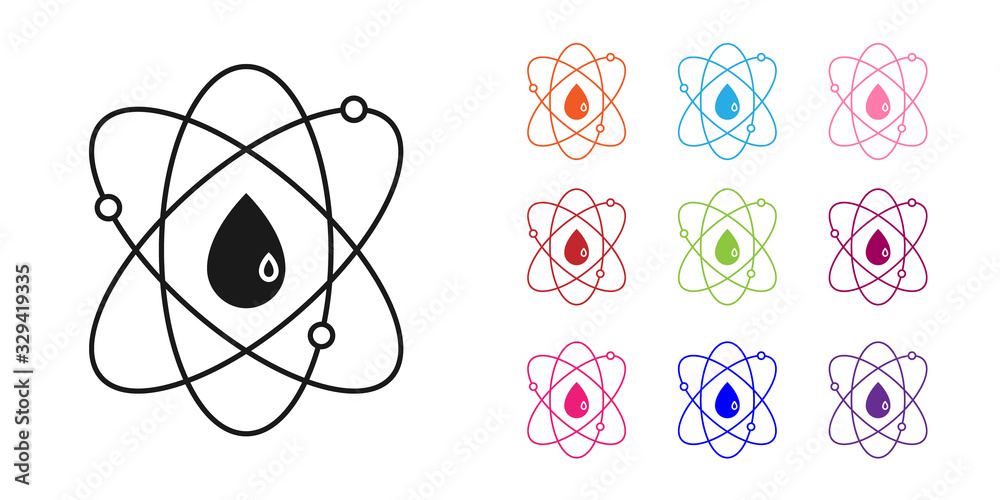 白色背景上孤立的黑色原子图标。科学、教育、核物理、科学的象征