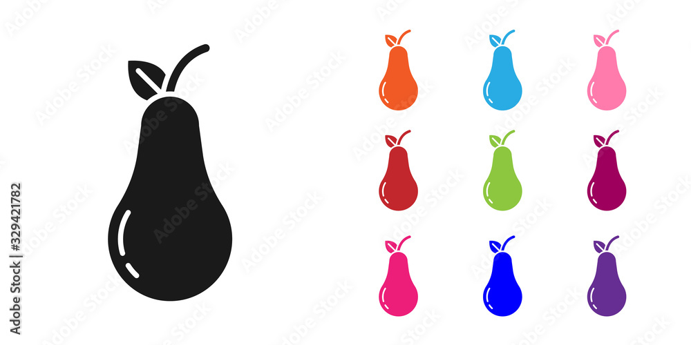 Black Pear icon isolated on white background. Fruit with leaf symbol. Set icons colorful. Vector Ill