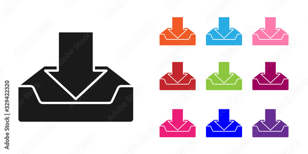 黑色下载收件箱图标隔离在白色背景上。将图标设置为彩色。矢量插图