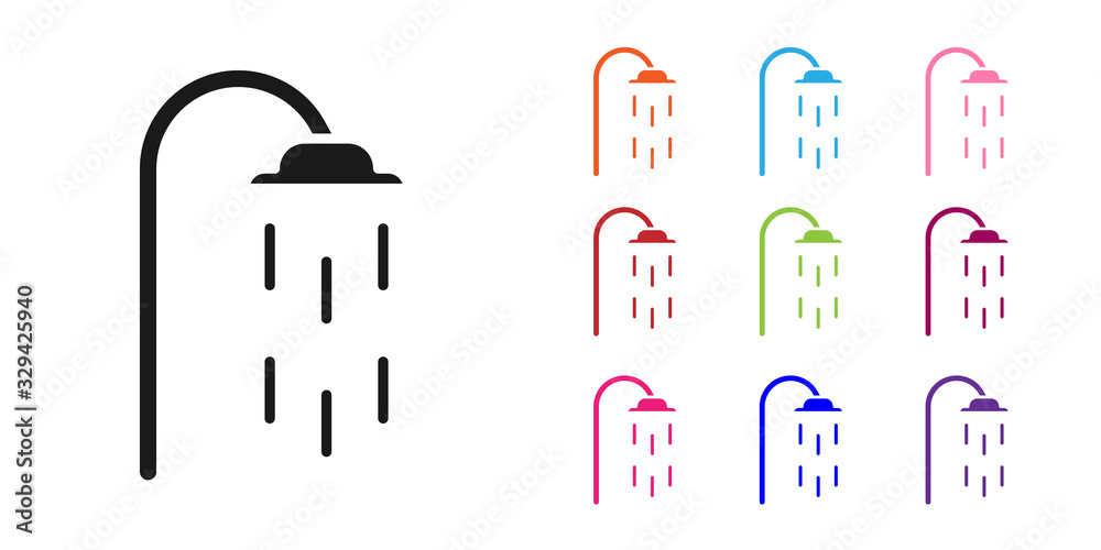 Black Shower head with water drops flowing icon isolated on white background. Set icons colorful. Ve