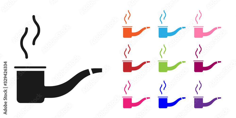 Black Smoking pipe with smoke icon isolated on white background. Tobacco pipe. Set icons colorful. V