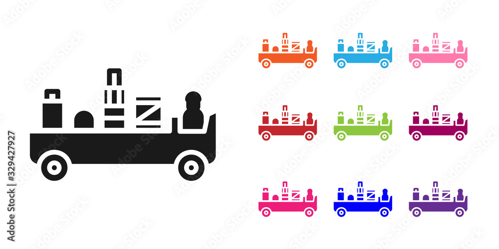 Black Airport luggage towing truck icon isolated on white background. Airport luggage delivery car. 