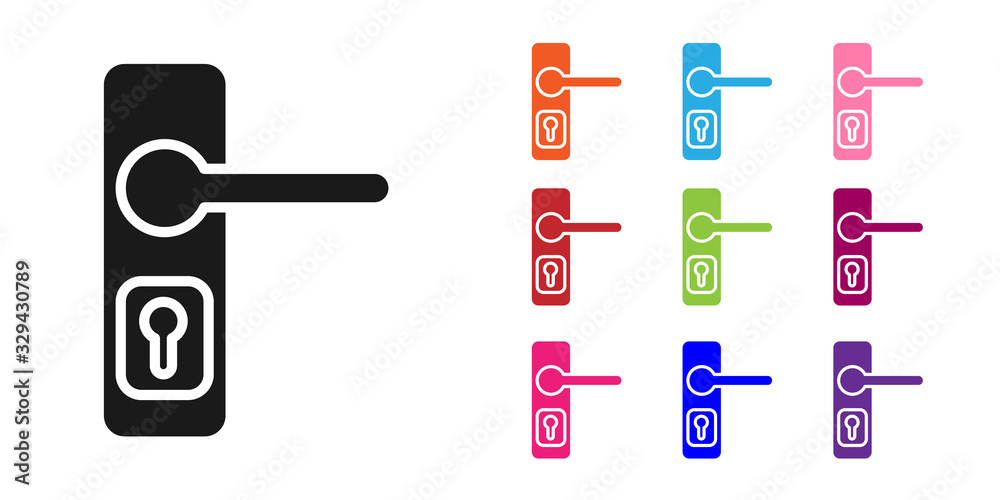 白色背景上隔离的黑色门把手图标。门锁标志。设置彩色图标。矢量照明