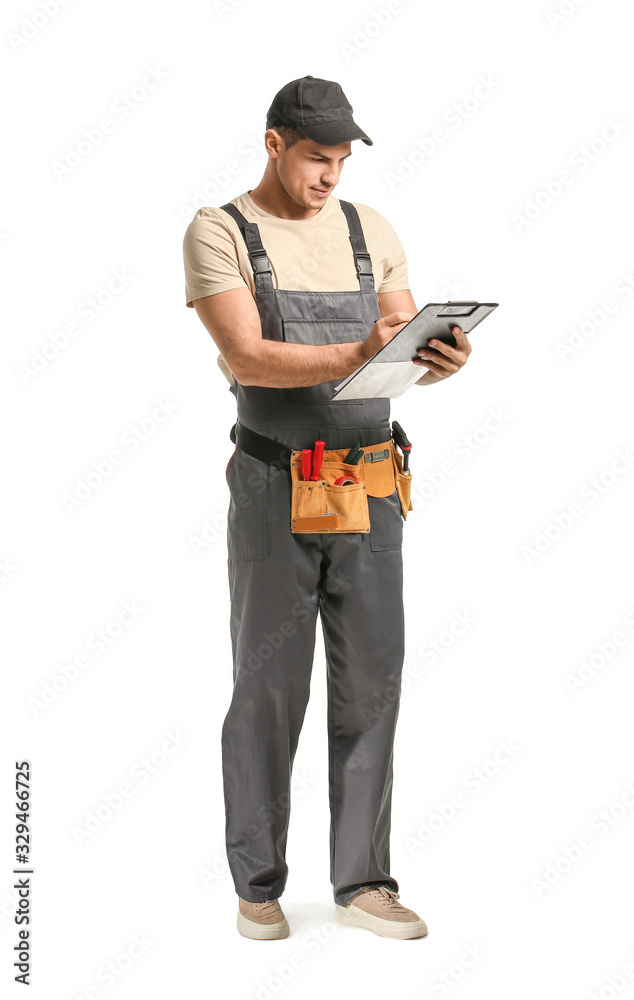 Handsome male worker on white background