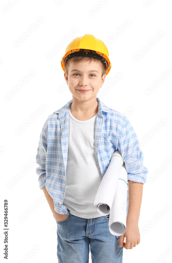 Cute little architect on white background