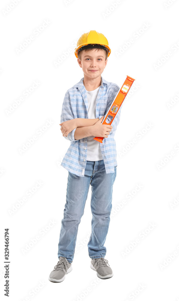 Cute little architect on white background