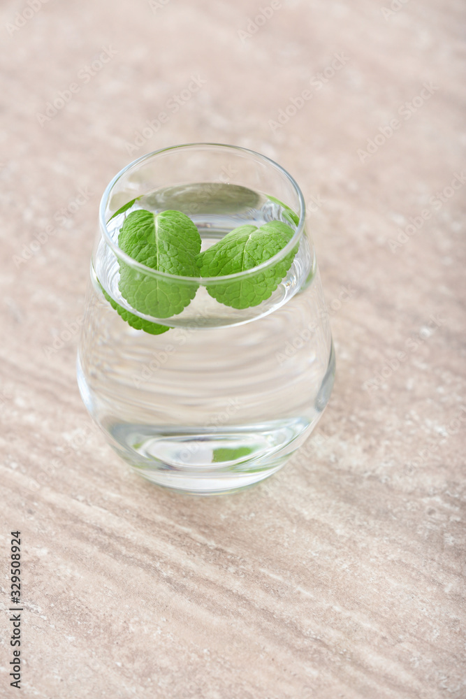 Glass of fresh water with mint on table