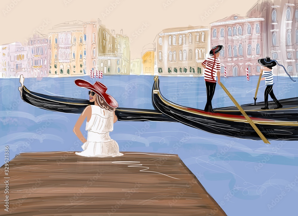 Illustration of a woman enjoying beautiful view on venetian chanal and gondolas in Venice. Traveling