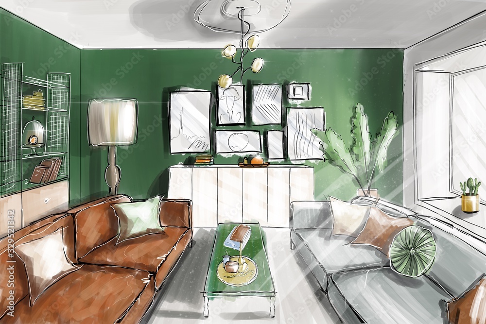 Hand drawn sketch of a decorated living room in classical style with green walls