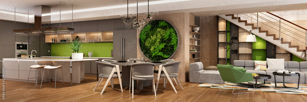 Modern house interior kitchen with living room design. 3D Render