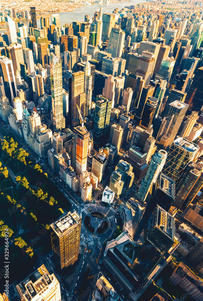 Aerial view of Columbus Circle and Central Park in New York City at sunset