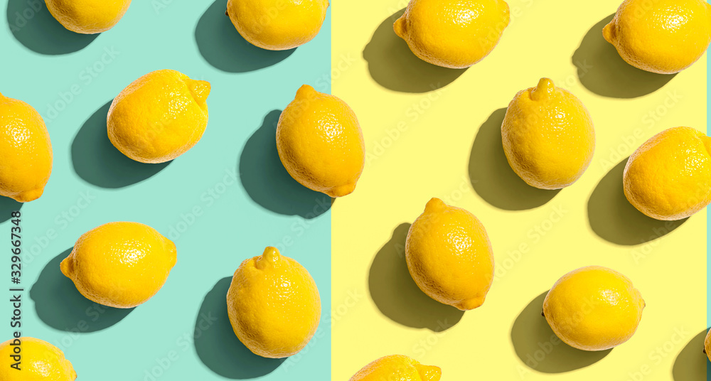 Fresh yellow lemons overhead view - flat lay