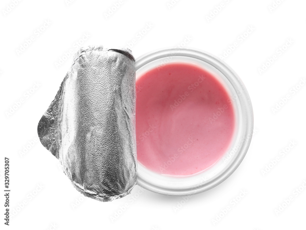 Plastic cup with tasty yogurt on white background