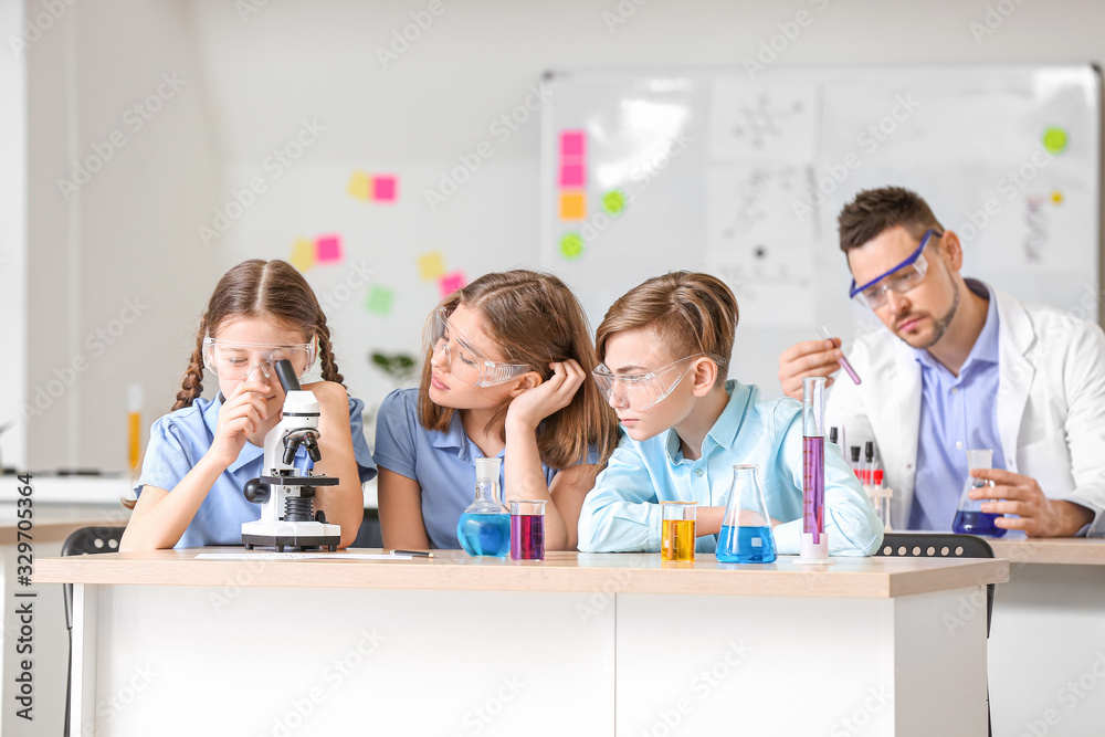 Pupils at chemistry lesson in classroom