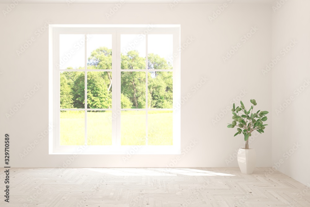 Stylish empty room in white color with summer landscape in window. Scandinavian interior design. 3D 