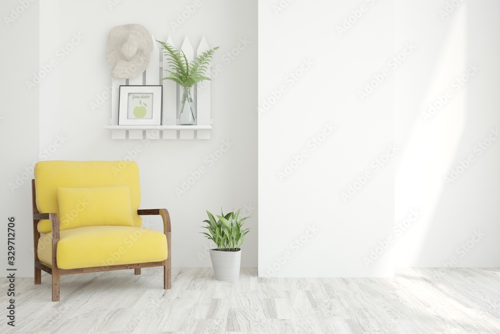 Stylish living room in white color with yellow armchair. Scandinavian interior design. 3D illustrati