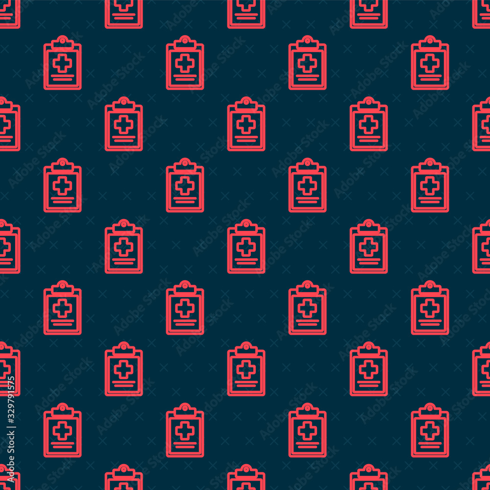 Red line Medical clipboard with clinical record icon isolated seamless pattern on black background. 