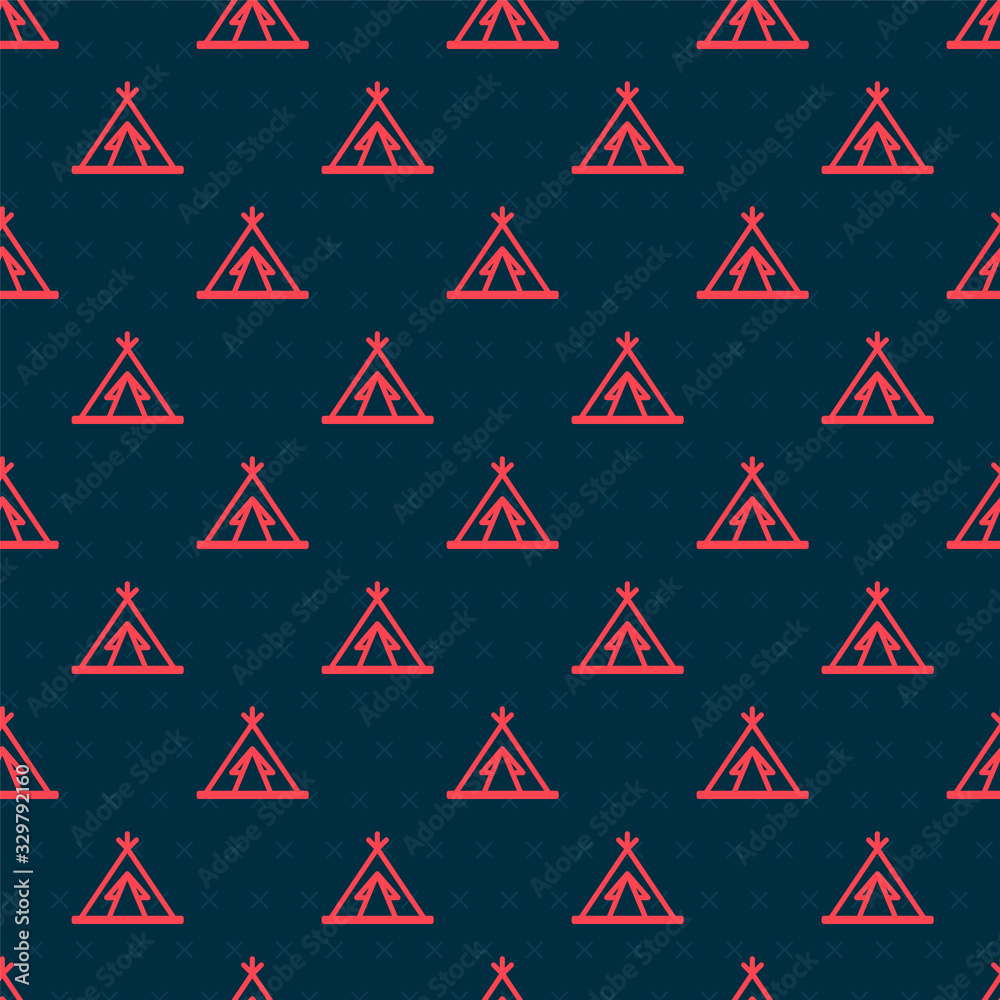 Red line Traditional indian teepee or wigwam icon isolated seamless pattern on black background. Ind