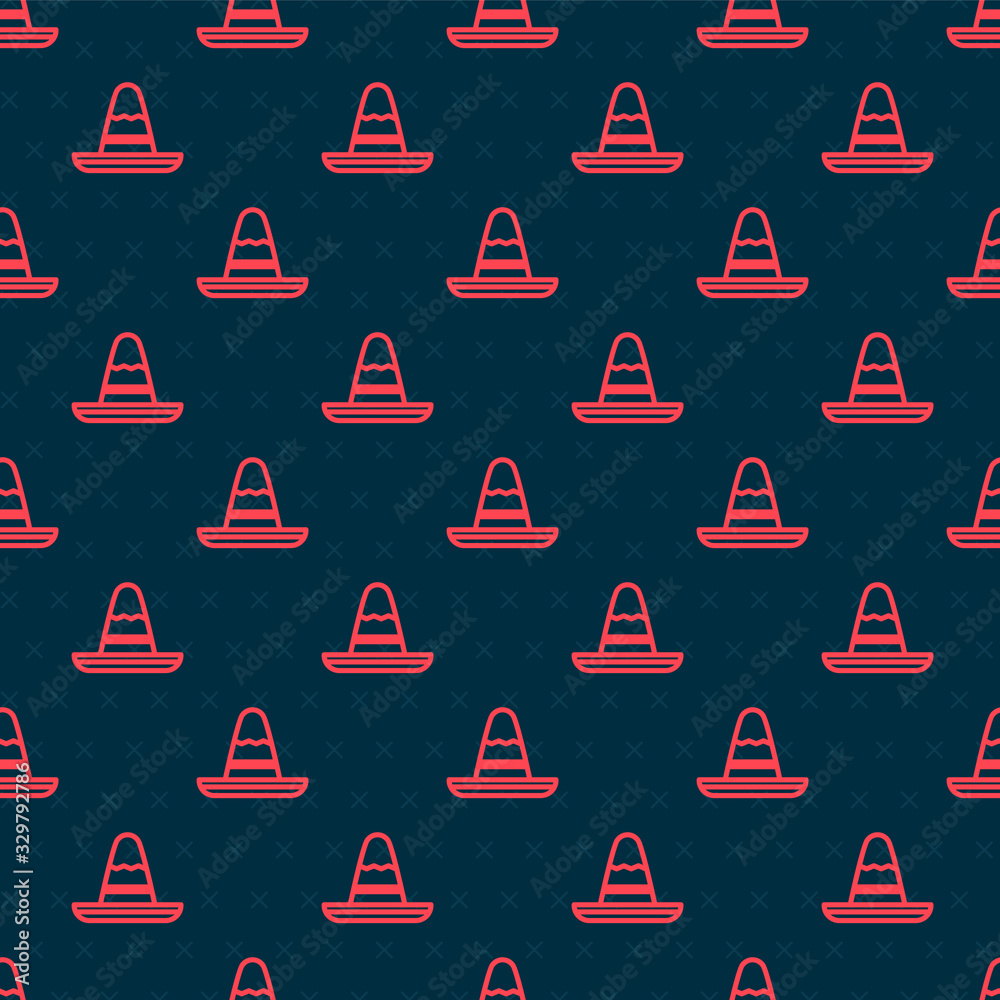 Red line Traditional mexican sombrero hat icon isolated seamless pattern on black background. Vector