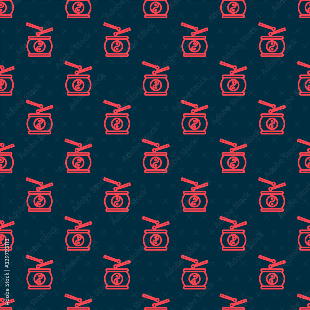 Red line Chinese drum icon isolated seamless pattern on black background. Traditional asian percussi