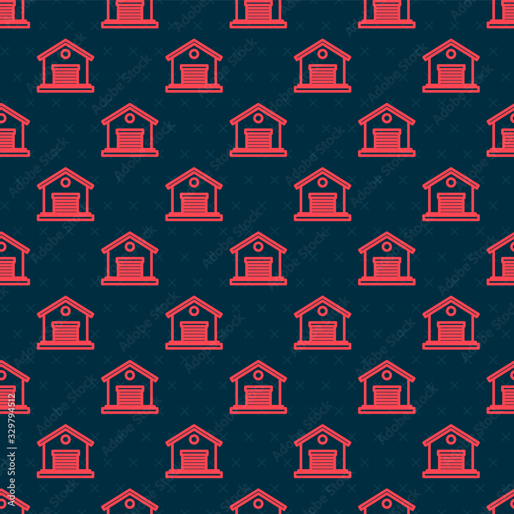 Red line Warehouse icon isolated seamless pattern on black background. Vector Illustration