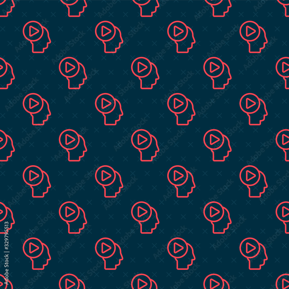 Red line Head people with play button icon isolated seamless pattern on black background. Vector Ill