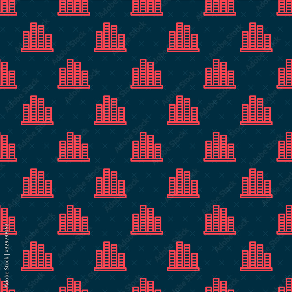 Red line Music equalizer icon isolated seamless pattern on black background. Sound wave. Audio digit