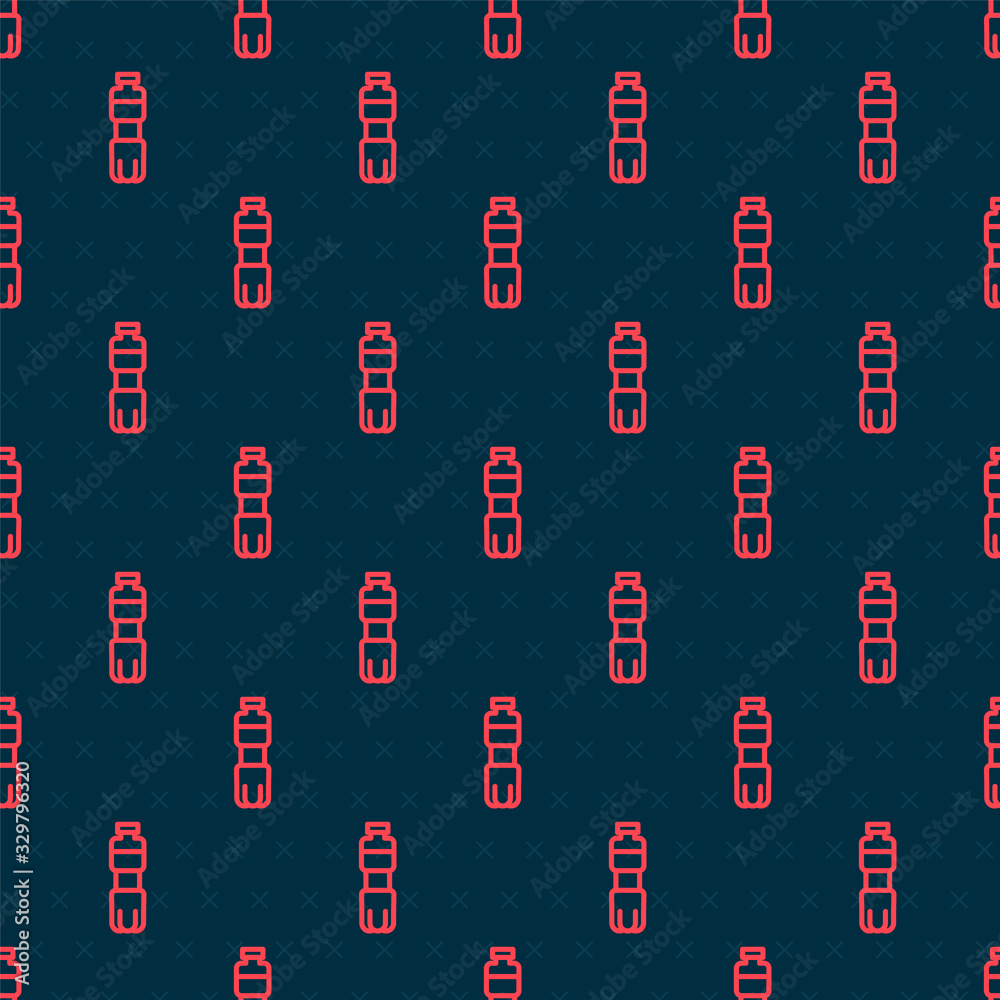 Red line Bottle of water icon isolated seamless pattern on black background. Soda aqua drink sign. V