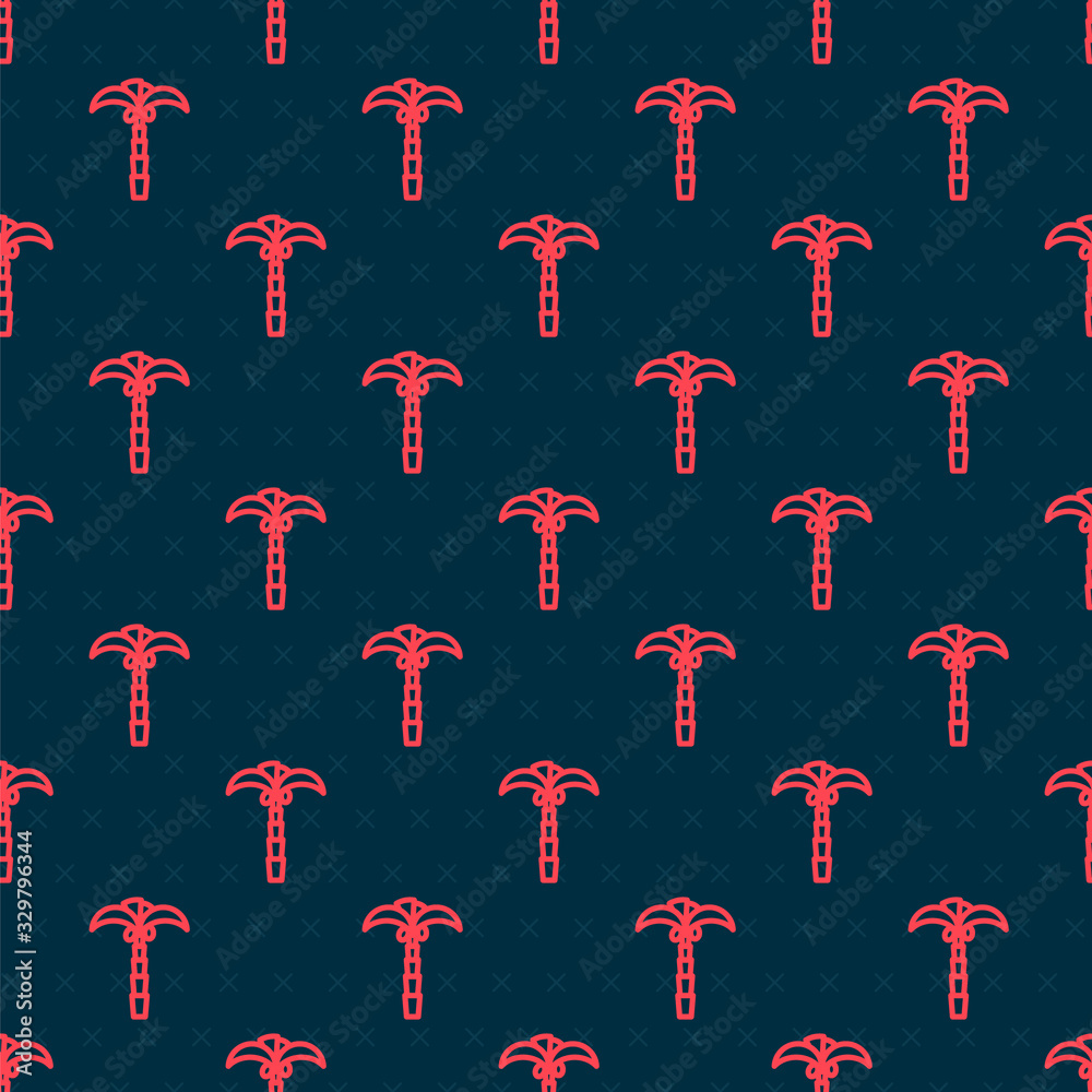 Red line Tropical palm tree icon isolated seamless pattern on black background. Coconut palm tree. V