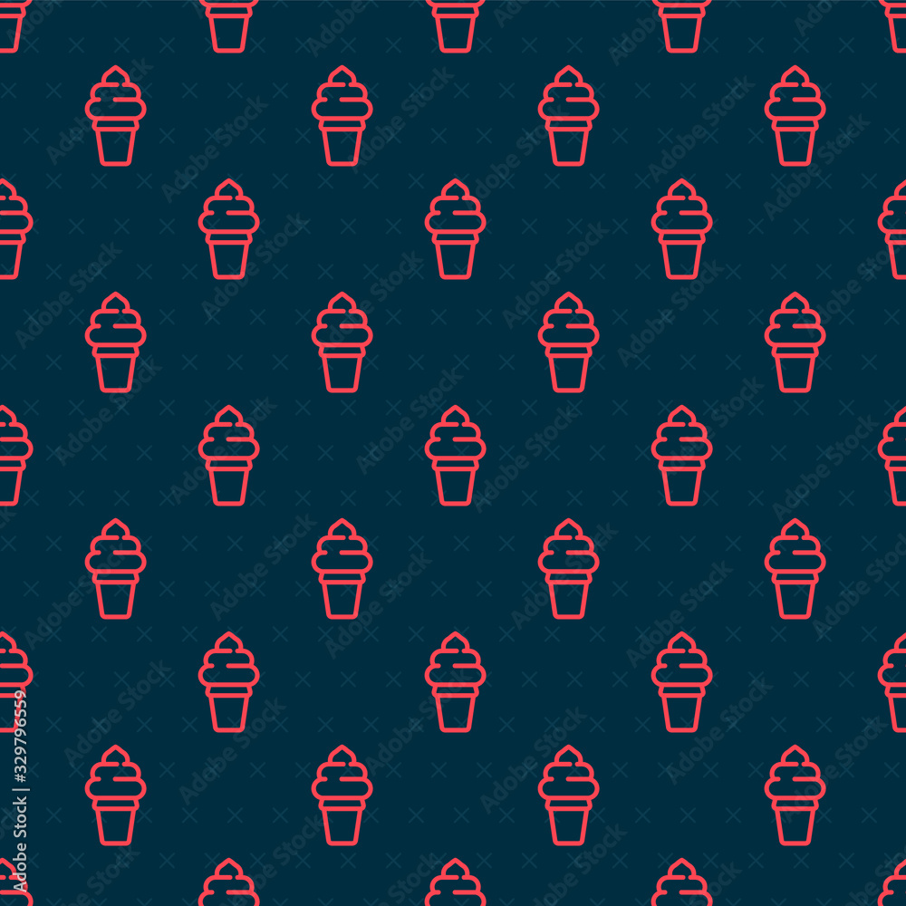 Red line Ice cream in waffle cone icon isolated seamless pattern on black background. Sweet symbol. 