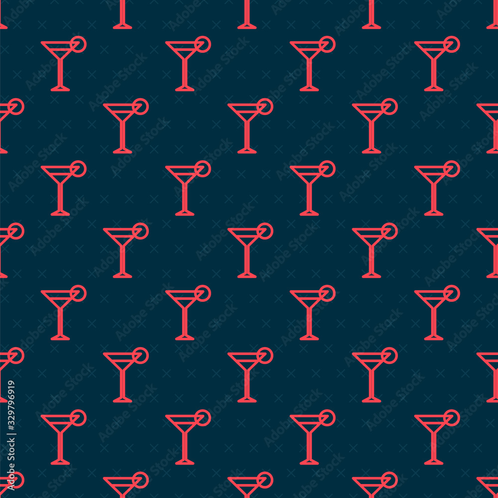 Red line Martini glass icon isolated seamless pattern on black background. Cocktail icon. Wine glass