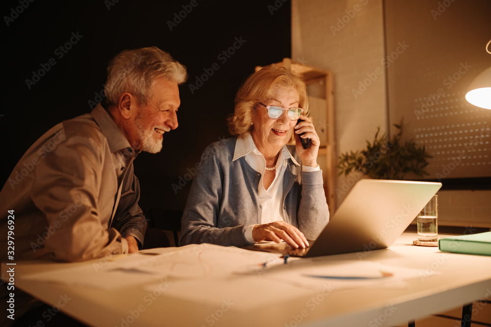 Portrait of blonde business woman working with laptop while having phone call late at night. Her par