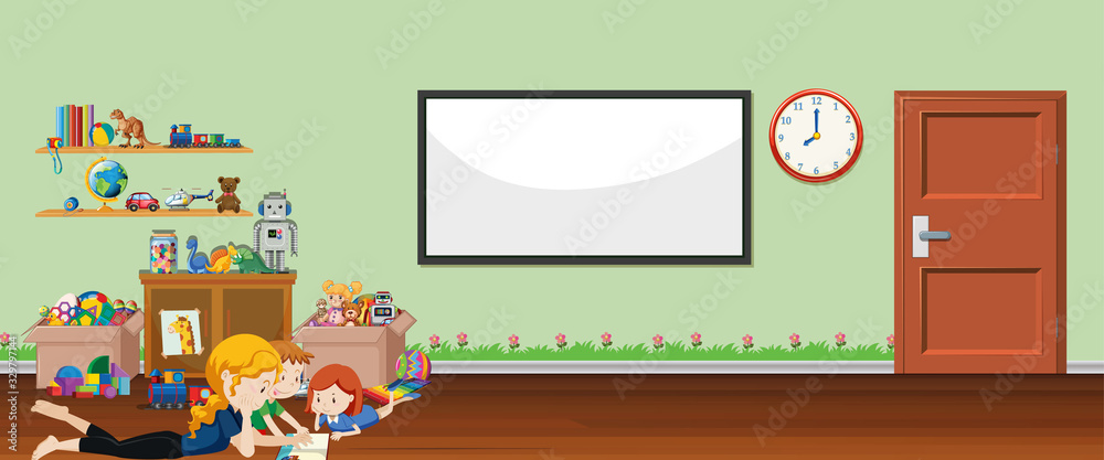 Background scene with whiteboard and toys