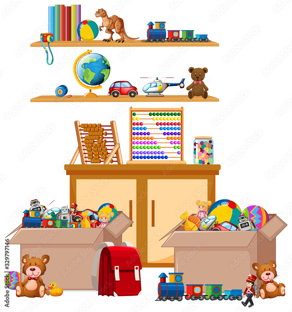 Shelf full of books and toys on white background