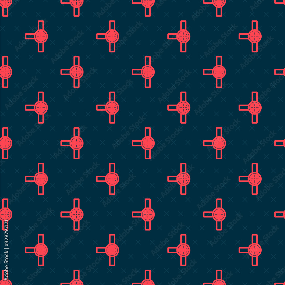 Red line Industry metallic pipes and valve icon isolated seamless pattern on black background. Vecto