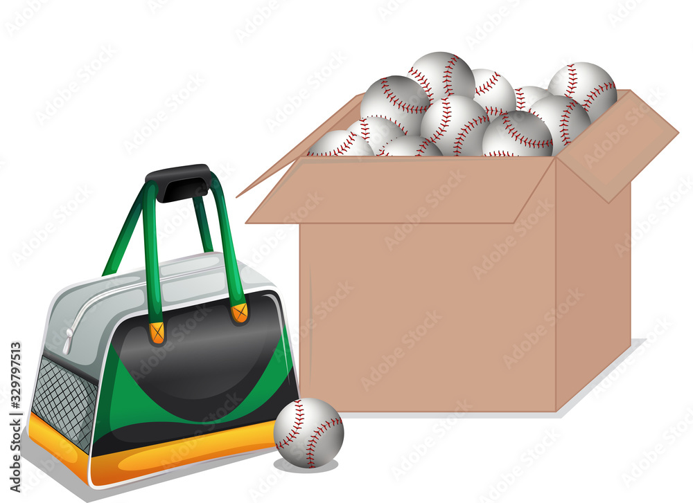 Box full of baseball balls on white background