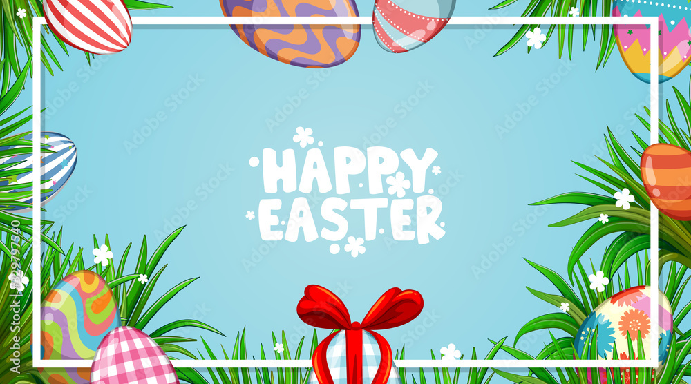 Poster design for easter with decorated eggs and green grass