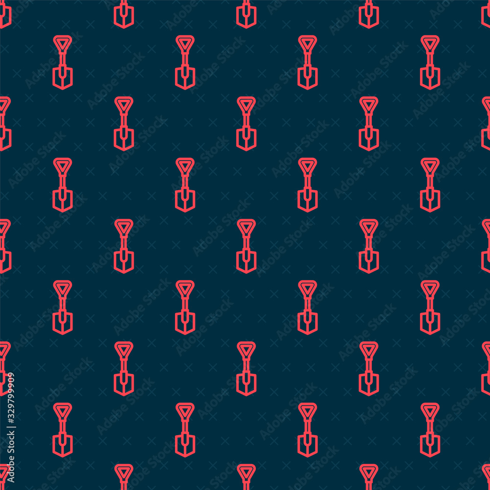 Red line Shovel icon isolated seamless pattern on black background. Gardening tool. Tool for horticu