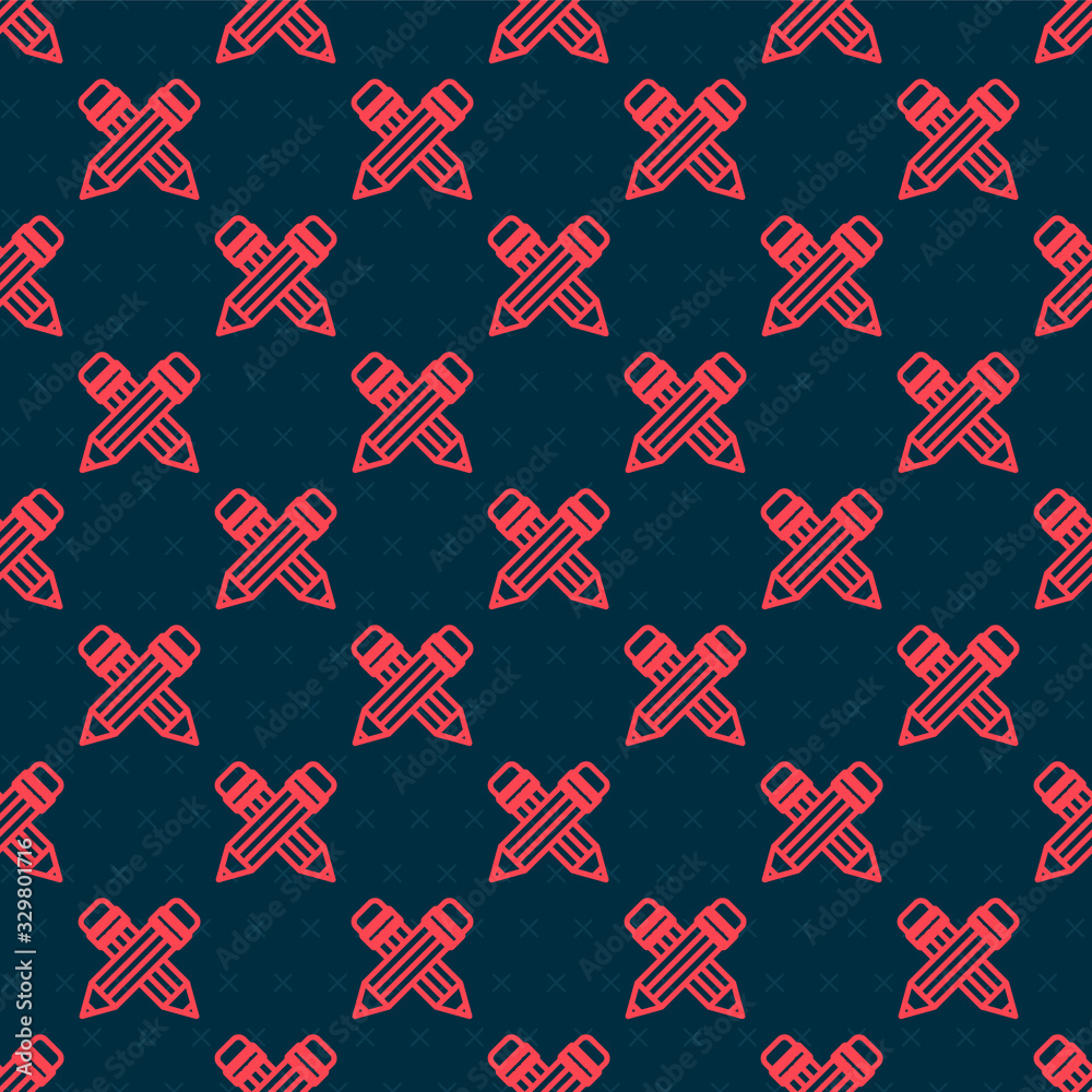 Red line Crossed pencil with eraser icon isolated seamless pattern on black background. Drawing and 