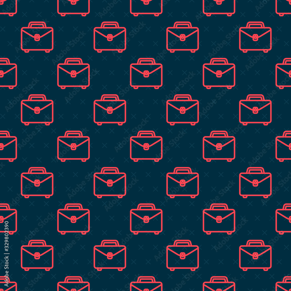 Red line Briefcase icon isolated seamless pattern on black background. Business case sign. Business 