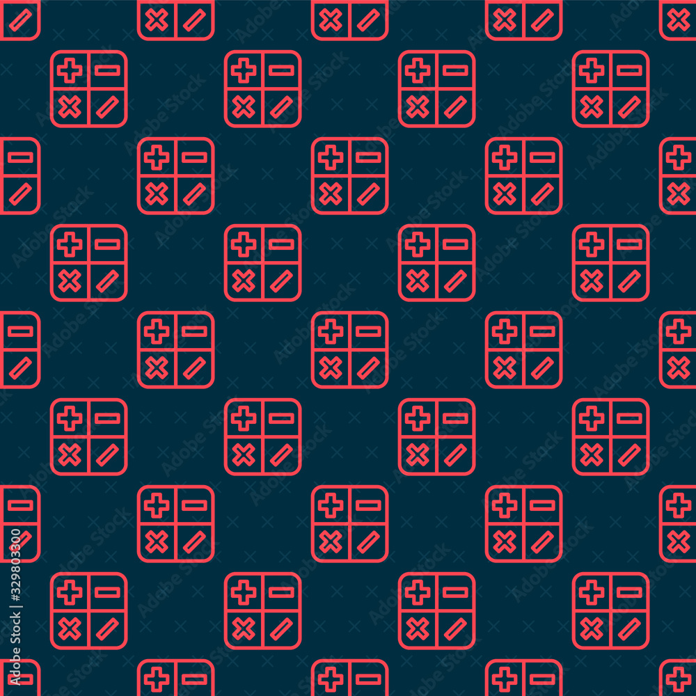 Red line Calculator icon isolated seamless pattern on black background. Accounting symbol. Business 